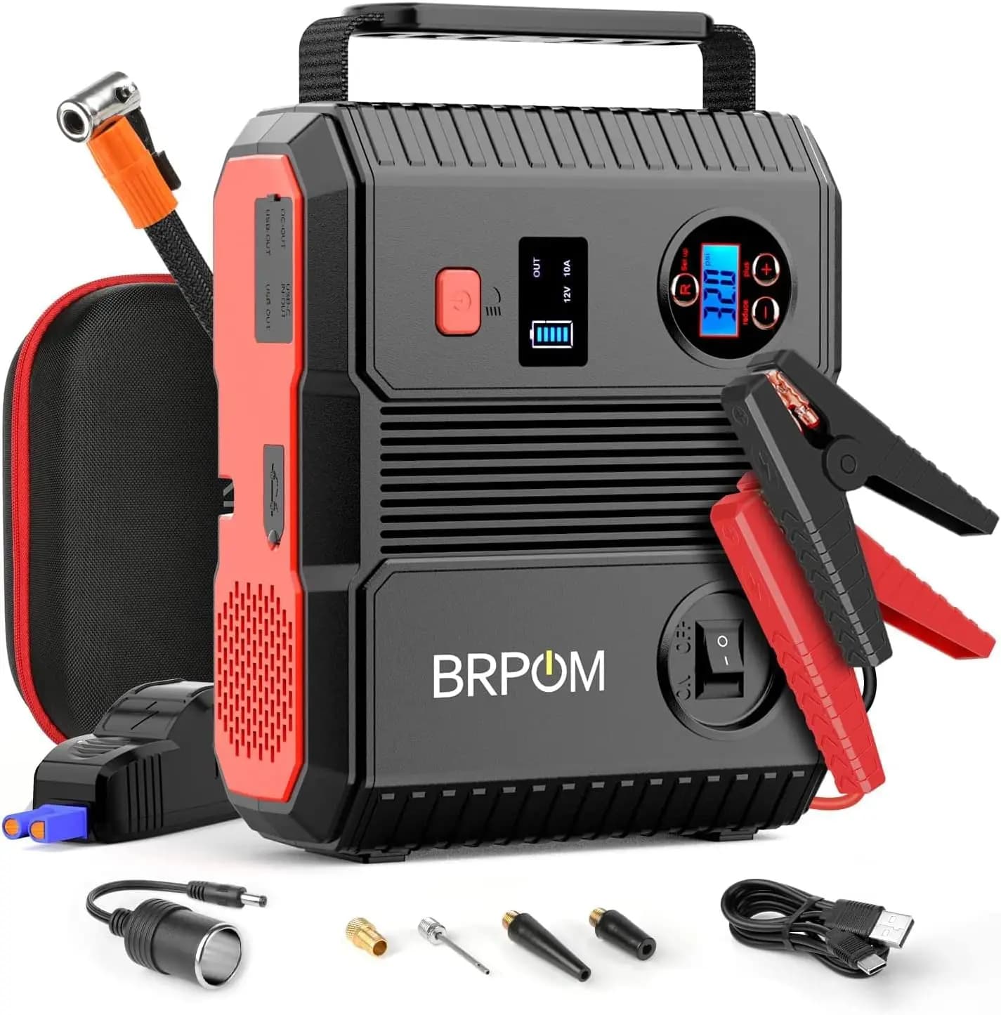 Avviatore portatile per auto da 12 V con compressore d'aria, picco 8000 A, 24000 mAh, 150 PSI, QC 3.0, uscita CC 160 W