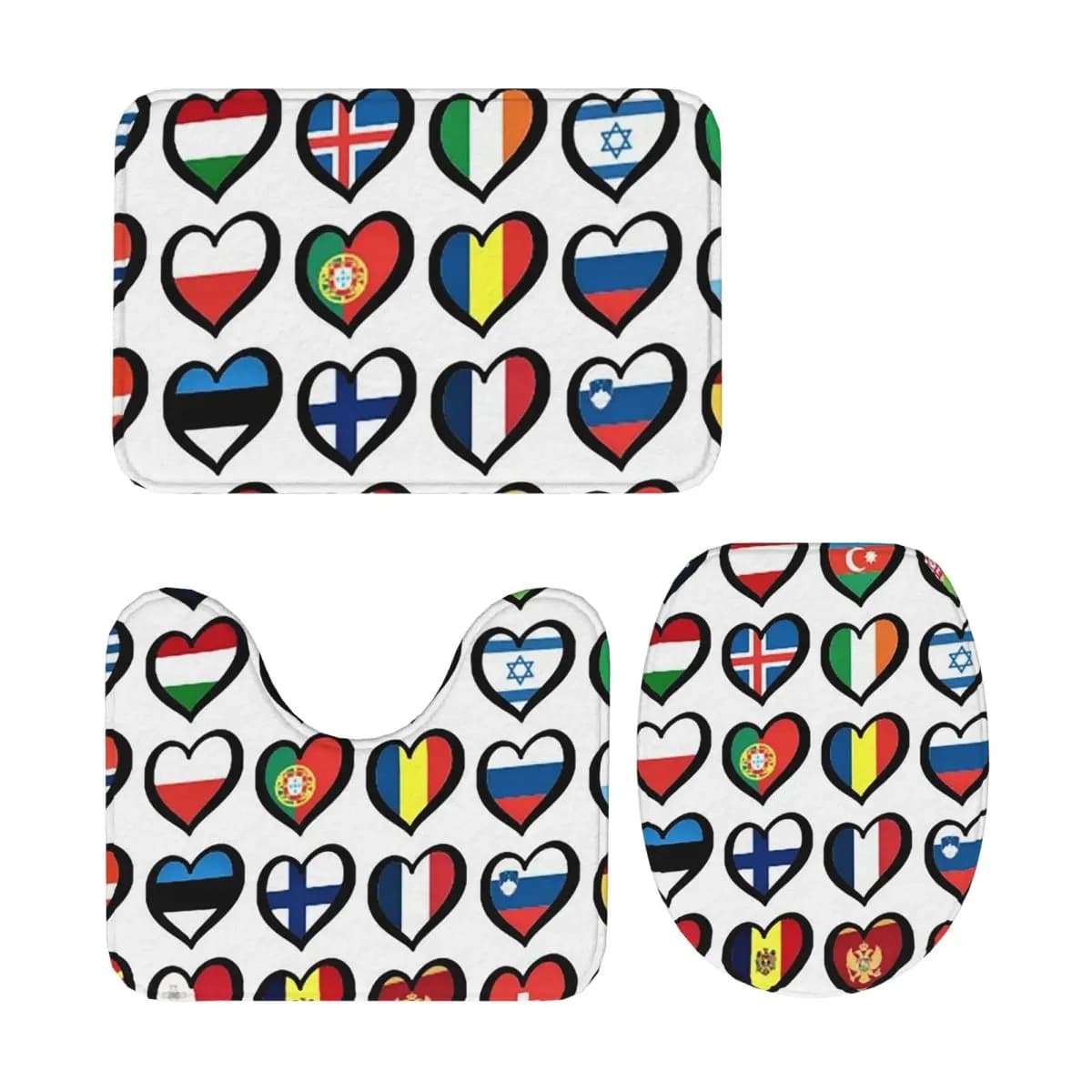 Eurovision Song Contest Bandiere Cuori ESC EBU Eurofans 3 pezzi Tappetino da bagno Set da bagno Copriwater Tappetino antiscivolo per la casa