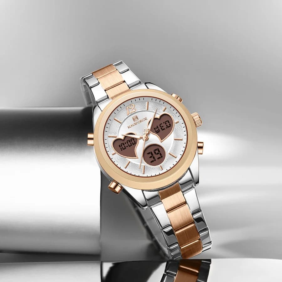 NAVIFORCE Orologio al quarzo da donna Cinturino in acciaio inossidabile impermeabile 3ATM Orologio elettronico da donna a doppio display Multifunzionale