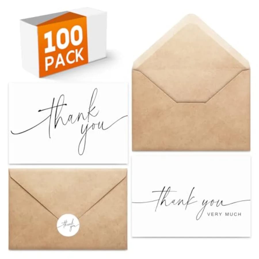 100 PACK Thank You Cards Bulk with Kraft Envelopes and Matching Stickers, 4x6 Inch Blank Greeting Cards Suitable for Small Busi