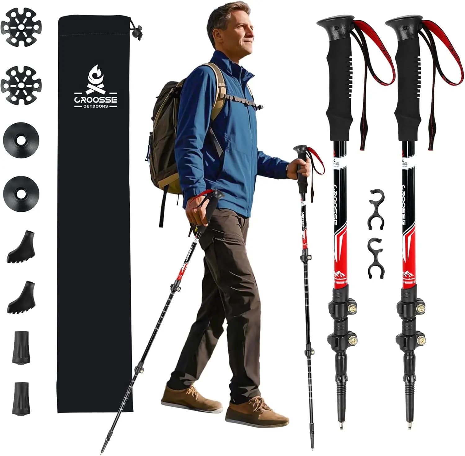 Lightweight Collapsible Trekking Poles for Hiking – 2 Pack Adjustable Hiking Poles, Walking Sticks for Skiing, Nordic Walking, R