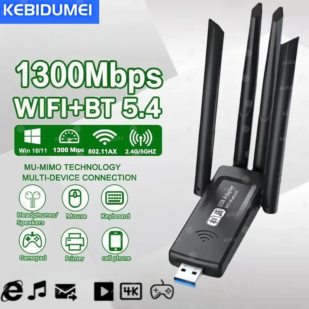 Adattatore WiFi USB 3.0 da 1300 Mbps Scheda di rete Dual Band 2.4G/5GHz Trasmettitore ricevitore wireless Bluetooth 5.4 per PC desktop portatile