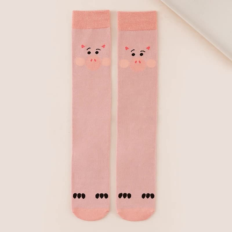 2 Pairs Cute Pig Face Knee High Socks Cartoon Animal Print Pink Cotton Socks Kawaii Casual Breathable Long Socks for Women Girls