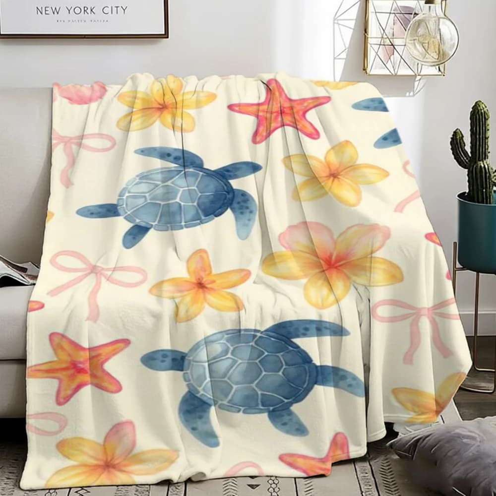 Turtle Fleece Blanket Sea Ocean Soft Warm Throw Blankets For Sofa Bed Plumeria Flower Starfish Tropical Summer Decor