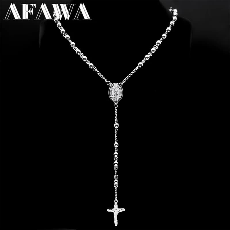 Religious Catholic Virgin Mary Jesus Cross Rosary Necklace for Men Women Stainless Steel Christian Christ Long Chain JewelryZZZ