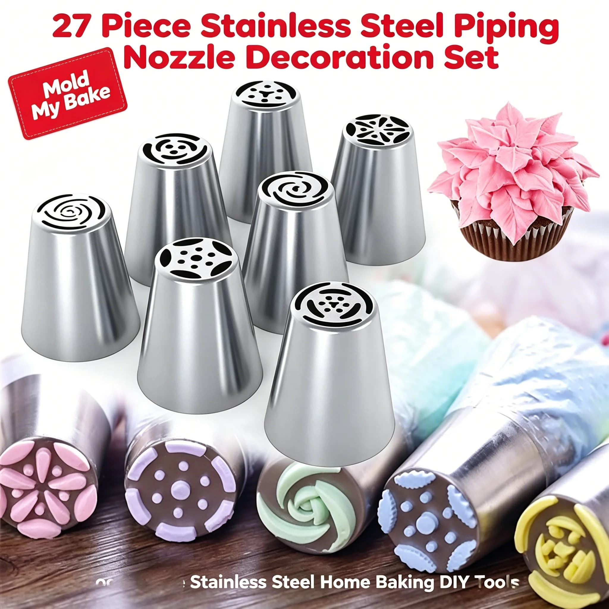Set di 27 Pezzi per Decorazione Torte, Kit di Accessori da Pasticceria con Sacchetti Riutilizzabili, Connettori, Lacci e Pennello, Ideale per Principianti, Cupcake