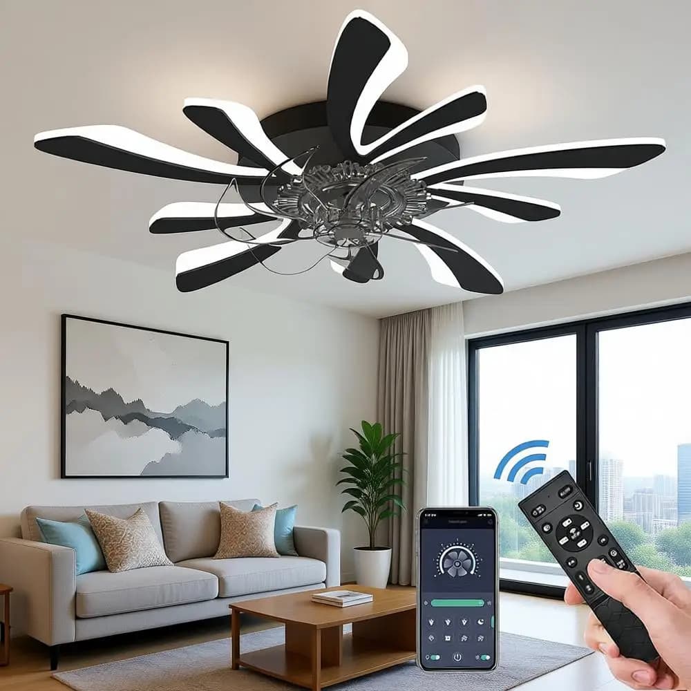 Ventilatore da Soffitto Dimmerabile con Luce e Telecomando, Ventilatore da Soffitto Piccolo da 31 Pollici con Luci LED, Controllabile tramite APP e Telecomando, Nero