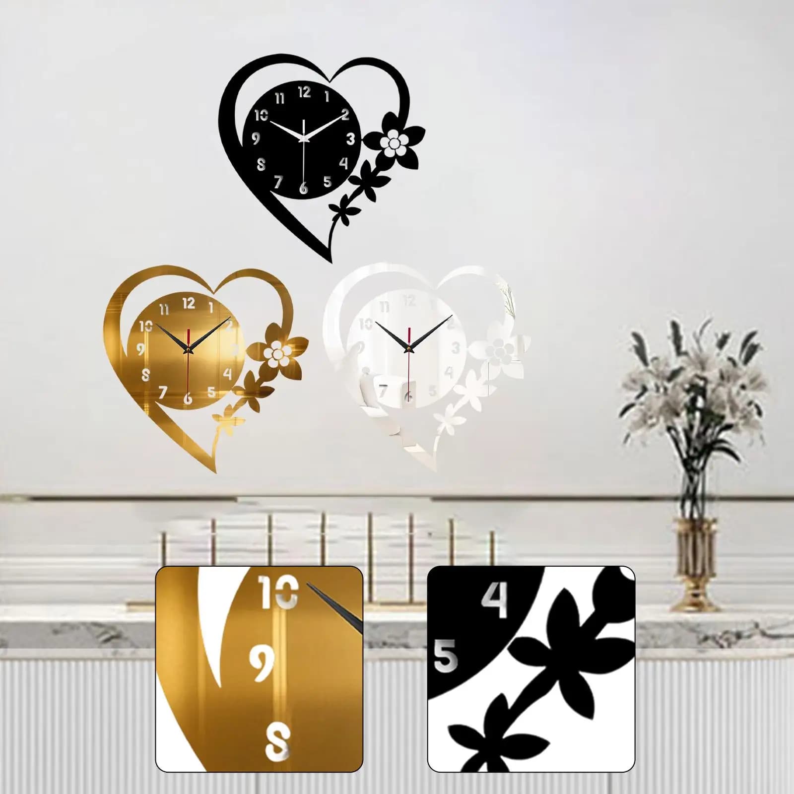 Elegant Heart Shape Wall Clock in Modern Acrylic for Home Decor Bedroom Office