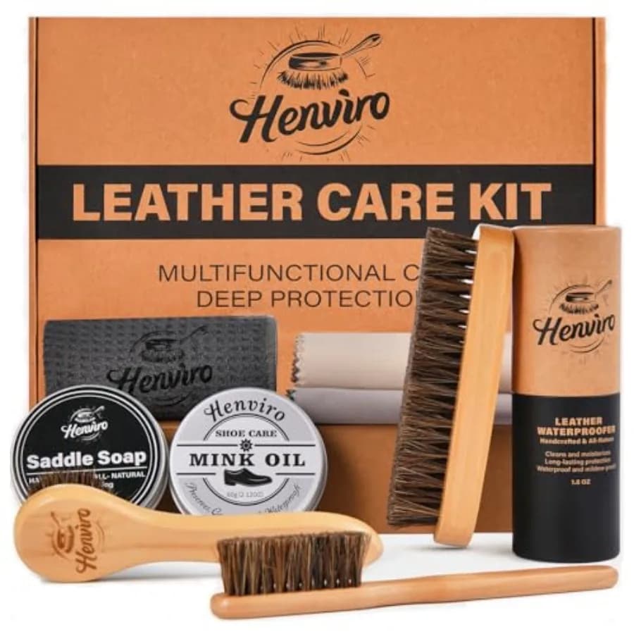 Kit per la Cura degli Stivali in Pelle: Olio di Visone, Sapone da Sella, Cera Impermeabilizzante, Spazzola per Scarpe, Detergente e Balsamo per Pelle