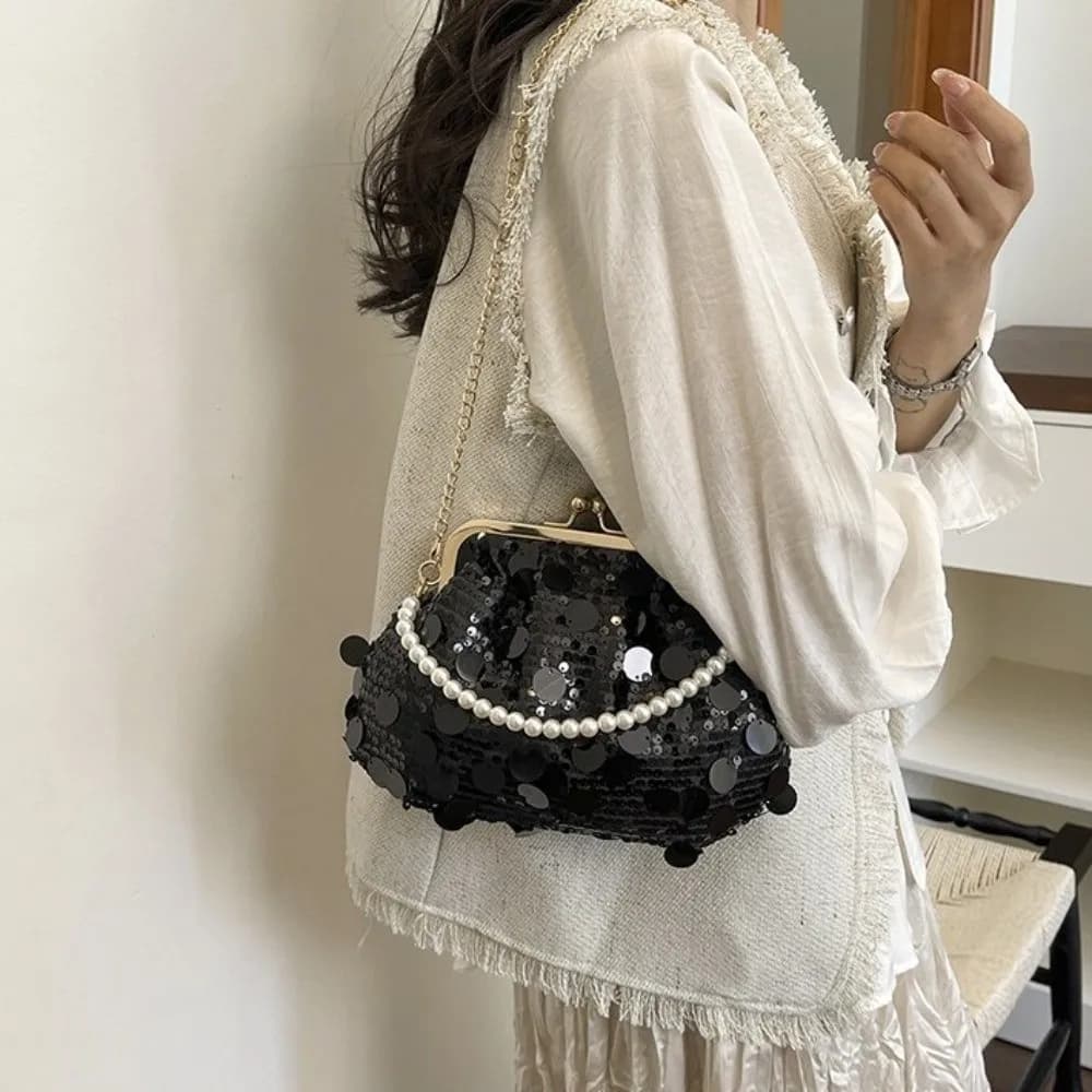 Retro Shiny Evening Banquet Bag Lock Buckle Large Capacity Chain Crossbody Bag with Round Handle Korean Style Shell Bag Wedding