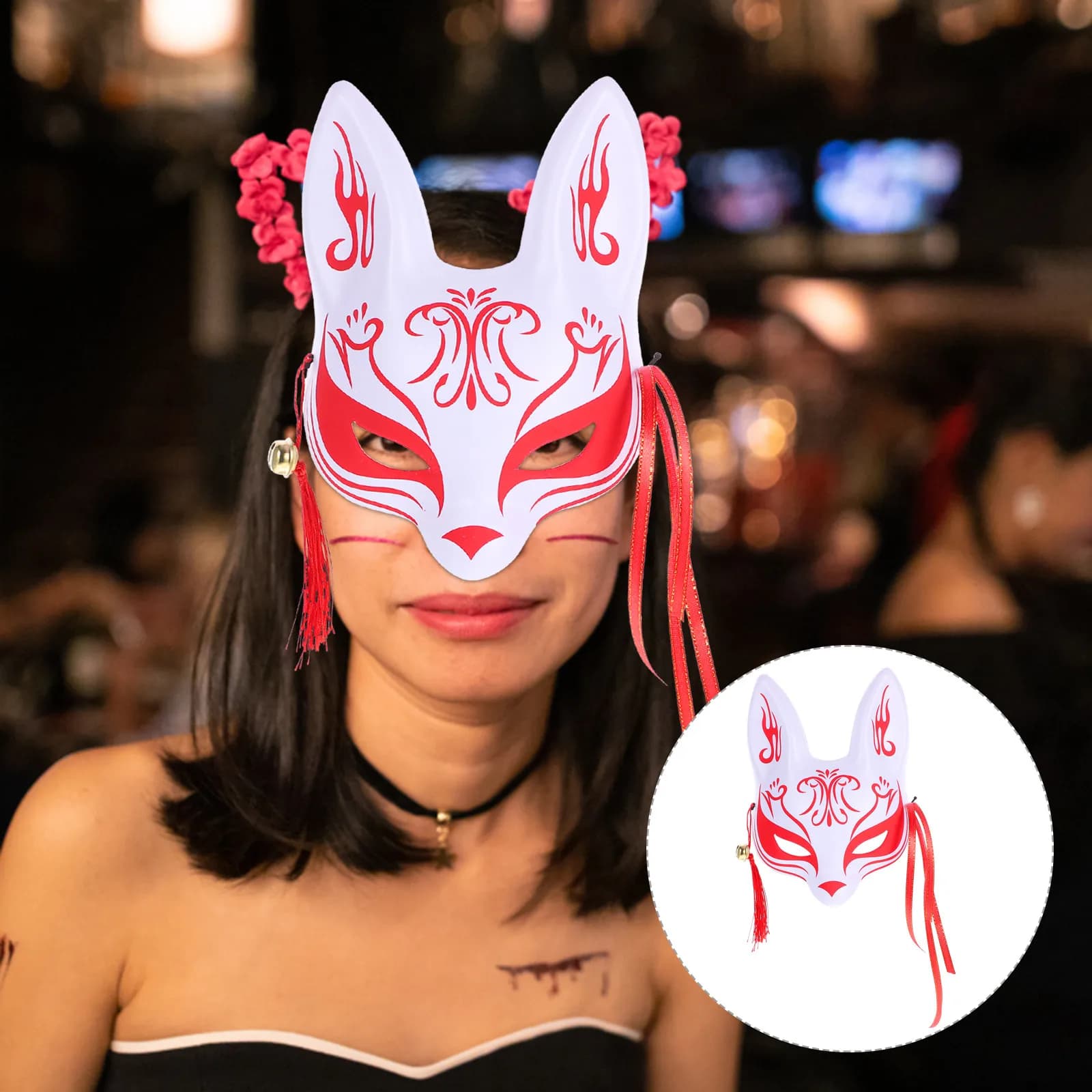 Exquisite Crafted Japanese Fox Mask Half Face Animal Mask for Cosplay Halloween Masquerade Party Unique Floral Design Lifelike