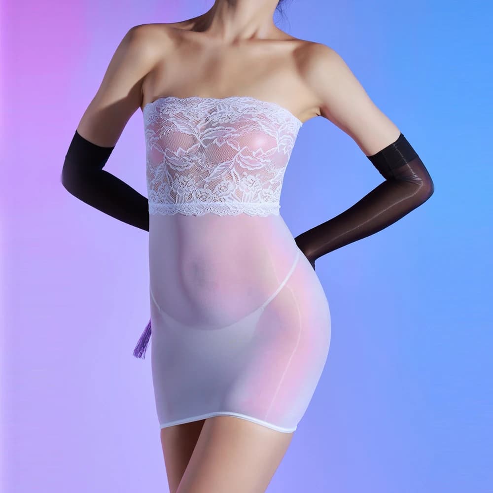 Abito da donna sexy 5D sottile aderente a matita Abito carino in pizzo trasparente trasparente con micro mini abito da cameriera a tubo aderente lucido a olio