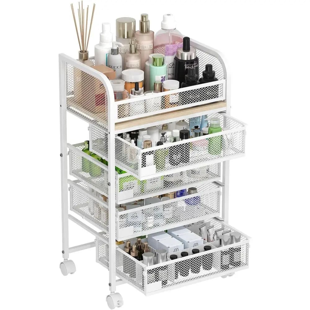 Organizzatore per Trucchi e Prodotti per la Cura della Pelle a 4 Cassetti con Ruote, Portaetichette, per Vanity, Cosmetici, Profumi e Smalti