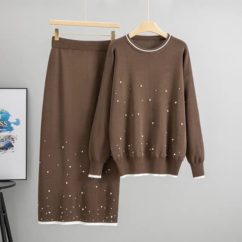 Maglione da donna musulmano con perline Abito lavorato a maglia Set da due pezzi Pullover Gonna lunga lavorata a maglia Abiti Maglieria casual Ensemble Autunno