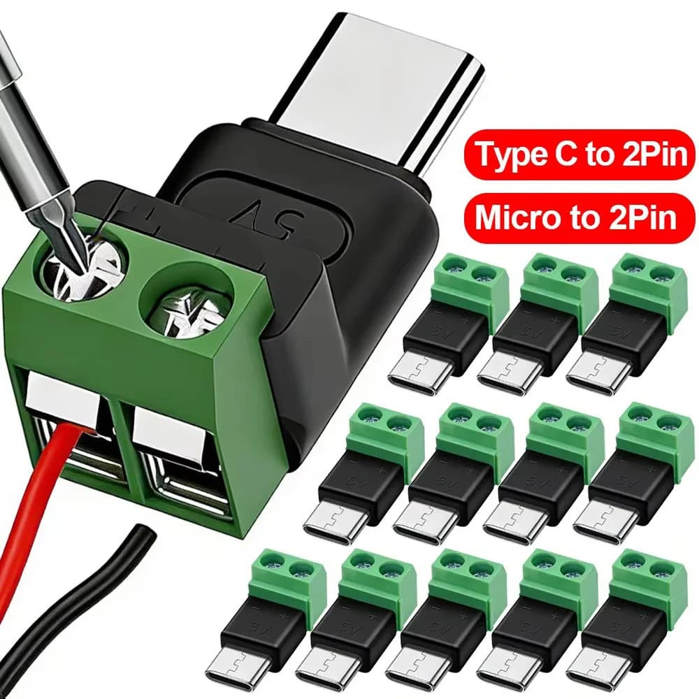 Adattatore da Tipo C/Micro a 2 Pin 5V Senza Saldatura Terminale Verde OTG Alimentatore USB Connettore Rapido per Telefono Cellulare e Computer