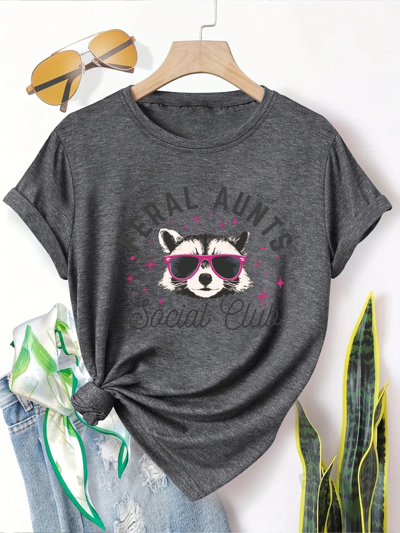 Women's T-shirt Feral Aunts Social Club with design with raccoon and sunglasses