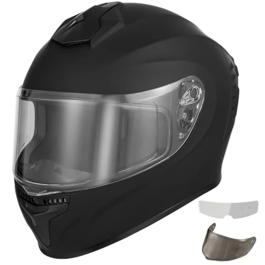 Street bike helmet for adult men and women, polycarbonate shell, matte black, DOT approved with dual visors and anti-fog film