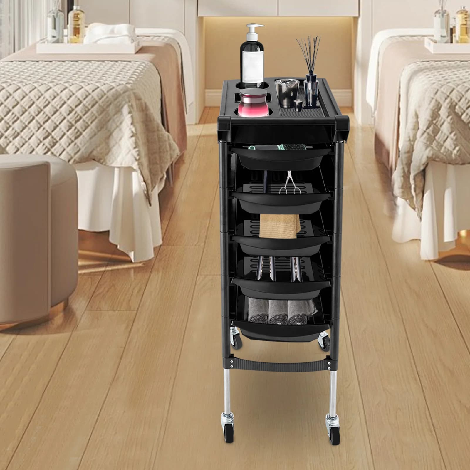 Carrello da salone a 6 livelli Carrello di bellezza Carrello da barbiere Carrello con rotelle 5 cassetti, 2 Vassoio laterale porta asciugacapelli Nero