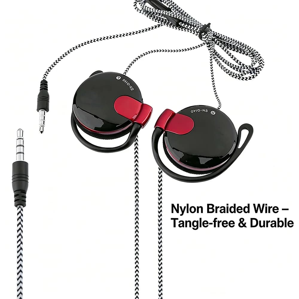 Auricolari Cablati con Gancio per Orecchio, Cavo Intrecciato in Nylon, Microfono e Controllo Linea, Cuffie Sportive per Telefono Cellulare