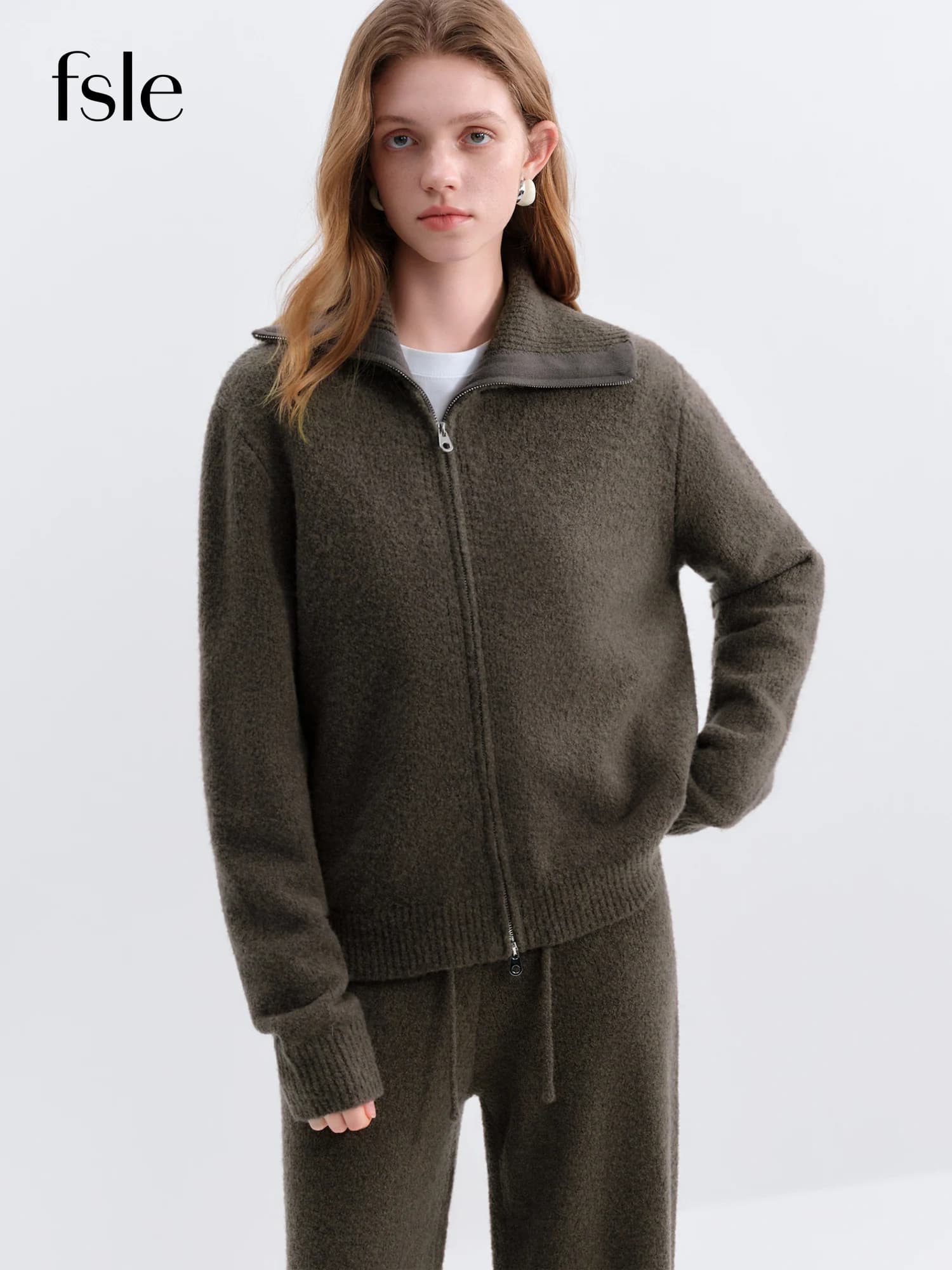 FSLE Winter 2025 Women's Textured Loop Yarn Knitted Ensemble - Wool Blend Cardigan and Trousers for Cozy Winter Comfort