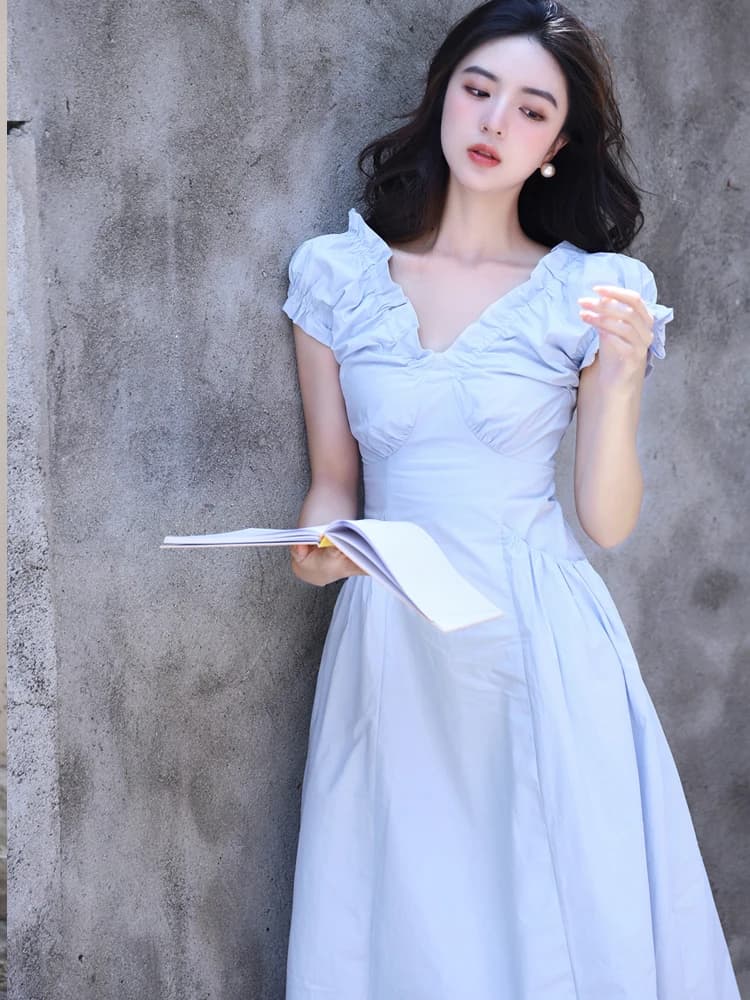 V-Neck Midi Dress Women's Fashion Summer 2023 Padded Pocket Waist-Cinching Bubble Sleeve Retro Style Polyester Fiber Dress