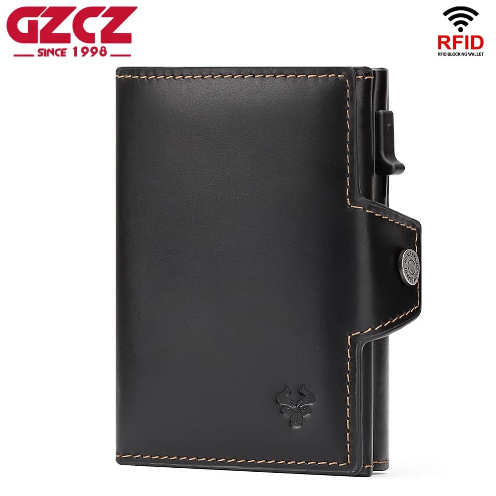 Portafoglio porta carte di credito in pelle Crazy Horse Porta carte di credito pop-up automatico RFID con tasca portamonete unisex Porte Carte
