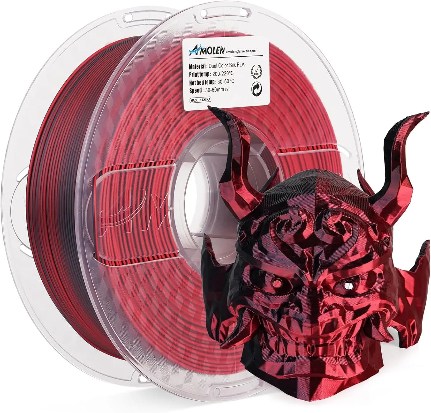 Filamento PLA Bicolore Rosso e Nero Effetto Seta 1.75mm, Coestrusione Lucida per Stampa 3D, Effetto Cambio Colore, 1KG/2.2lb