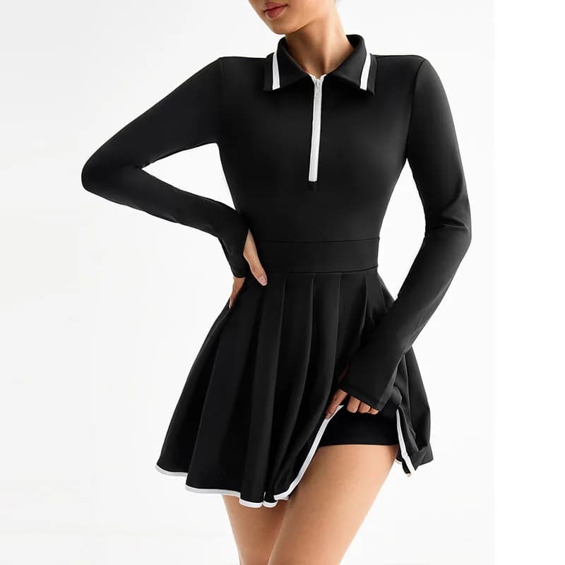 Abito sportivo da tennis a maniche lunghe da donna, vestito casual da golf a vita alta con pantaloncini, gonna sportiva da golf slim fit con colletto polo