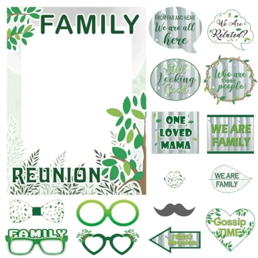 49 Pcs Green Family Tree Photo Booth Props Family Reunion Decorations Gathering Party Photo Booth Picture Frame and Props Happi
