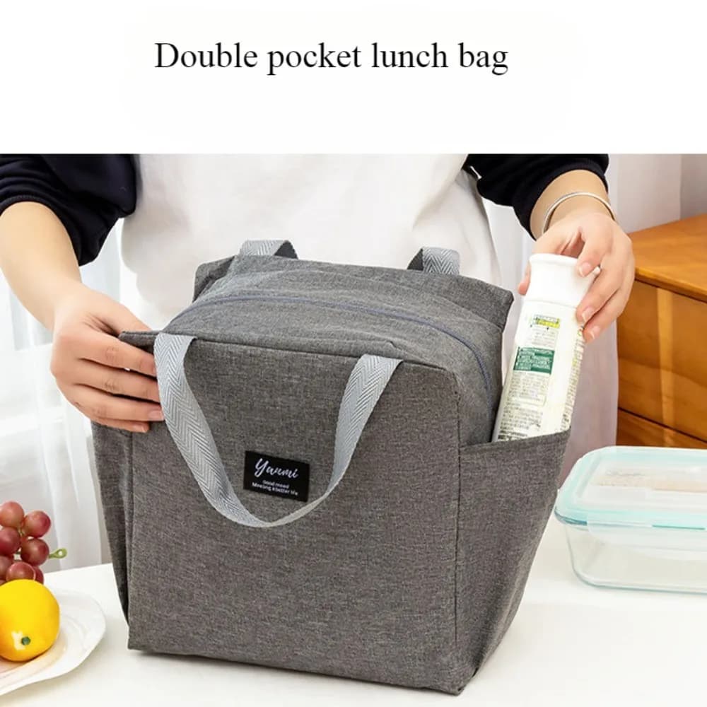Borsa termica portatile a doppia tasca per il pranzo, borsa porta pranzo in tela isolata, borsa per il pranzo scolastico, scatola portatile per la cena, contenitore per alimenti da picnic