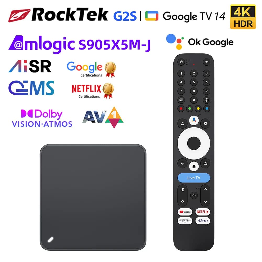 RockTek G2S UHD Google TV Box Netflix Google Certified 2GB 32GB S905X5M-J Support Dolby Atmos Vision Wifi6 BT5.2 AndroidTV Box