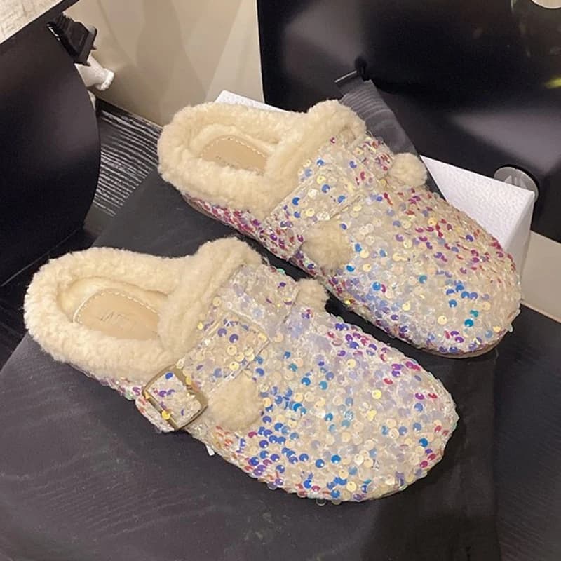 Autumn Winter Women's Fleeces Mules Fashion Sequined Fabric Fluffy Plush Closed-toe Slippers female Thickened Warm Cotton Shoes