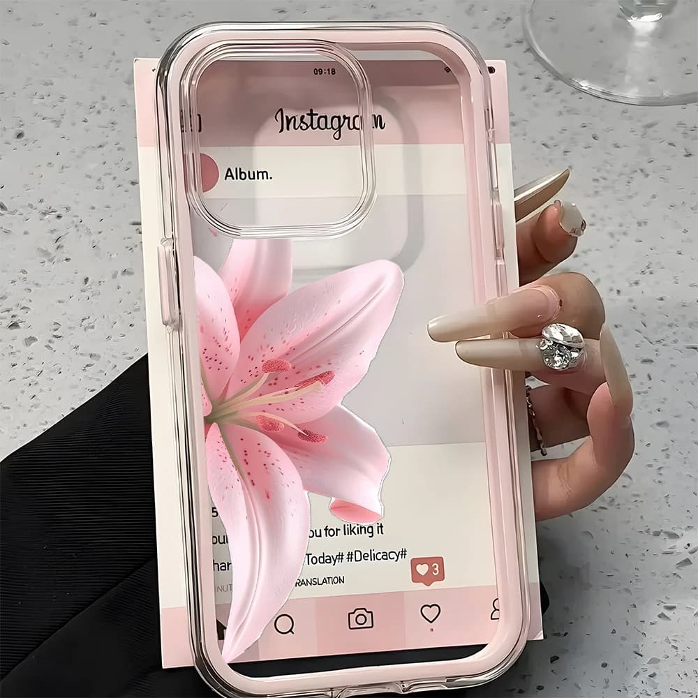 Romantic Pink Lily Clear Phone Case For iPhone 17 16 15 14 13 12 11 Pro Max 17 Air Plus 2 in 1 Candy Color Silicone Soft Cover