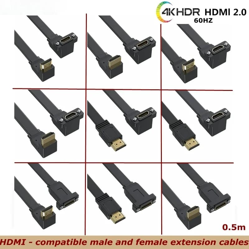 Cavo di prolunga maschio e femmina 2.0 piatto da 0,5 m, 90 gradi, compatibile con HDMI, con installazione sul pannello con foro per vite, 4K 60Hz ad alta velocità