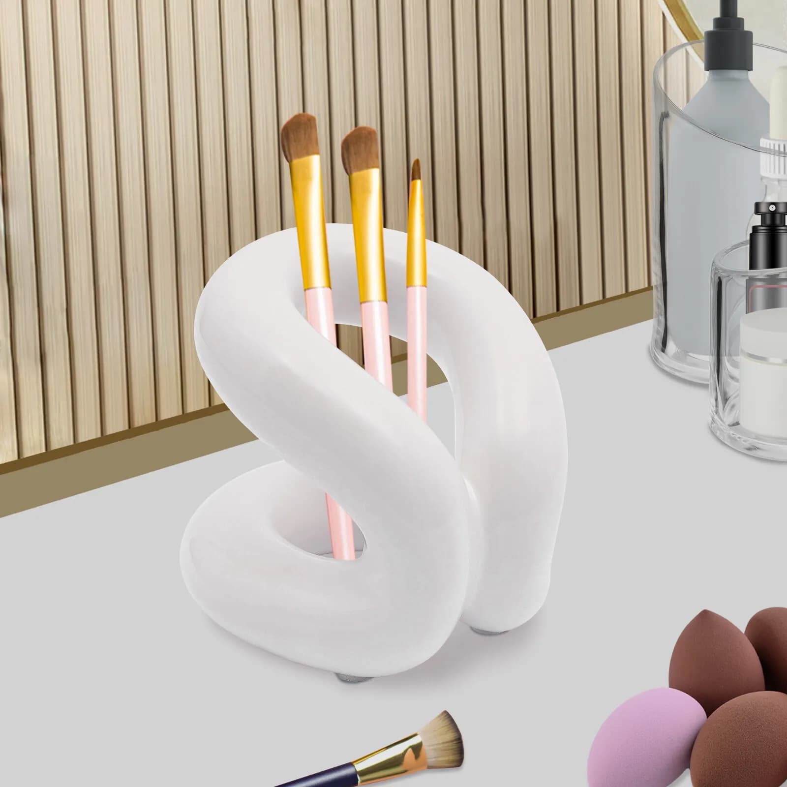 Organizzatore da Bagno in Ceramica Bianca Crema, Portaspazzolini Moderno, Contenitore per Pennelli da Trucco