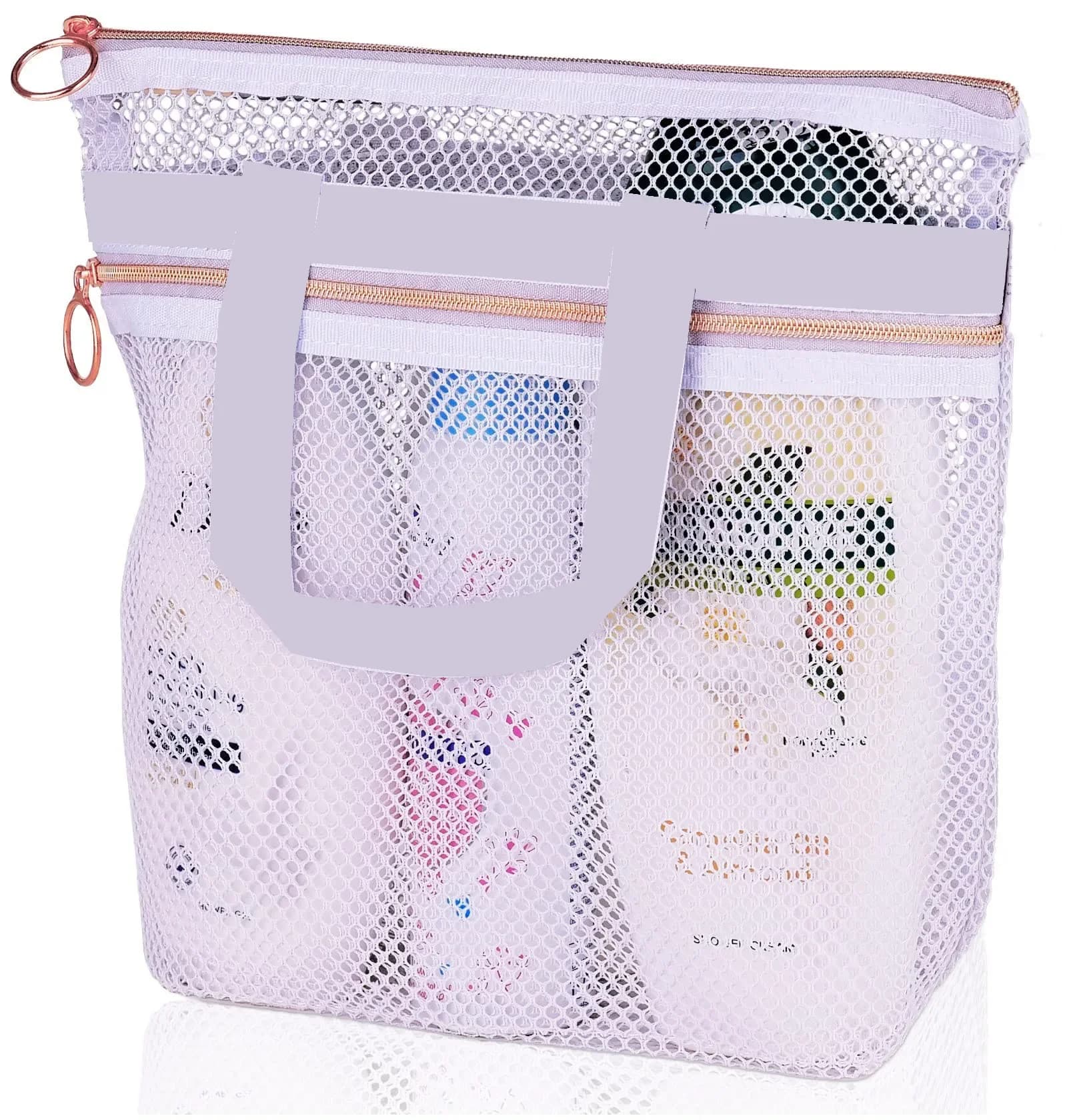 Borsa da doccia portatile, borsa per il trucco in rete trasparente, borsa portaoggetti, borsa da viaggio, borsa da spiaggia in rete