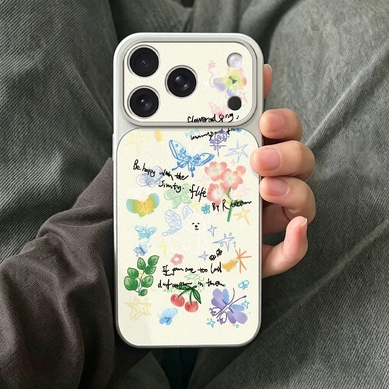 Crayon Doodle Butterfly Floral Phone Cover Case for iPhone 17 16 15 14 13 12 11 Pro Max Xs TPU+Artificial Leather Texture