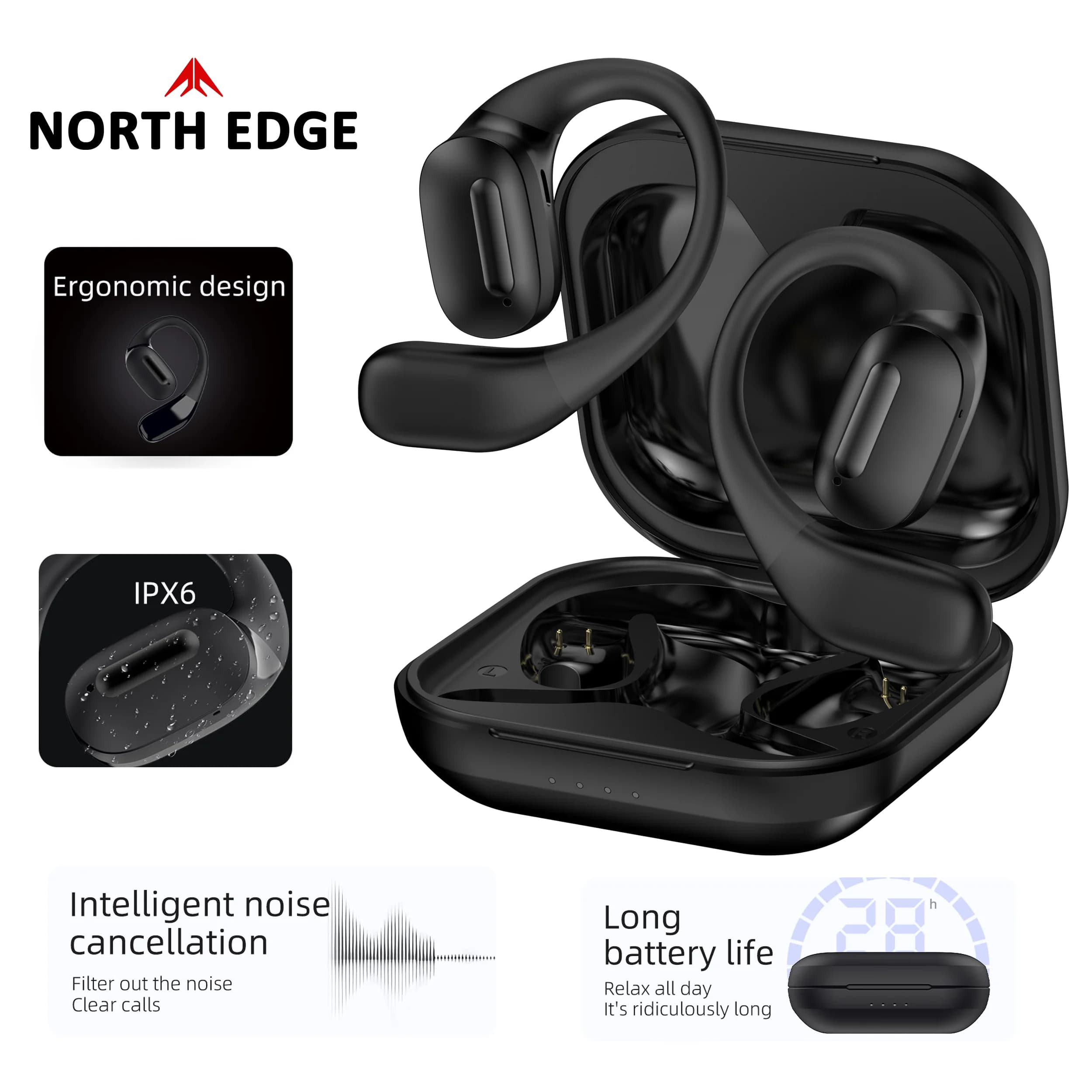 NORTH EDGE Open Ear Wireless headset OWS earphones with active noise cancellation Bluetooth hanging headphones to wear comfortably