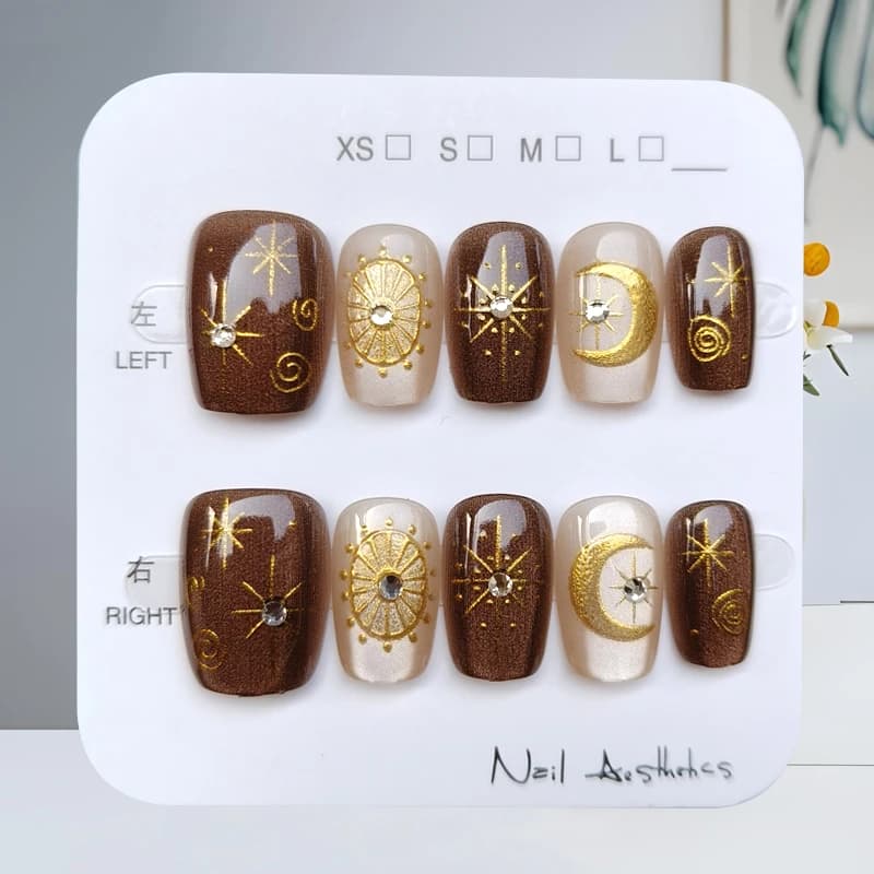 10 pieces autumn and winter series brown rhinestones 3D golden cat eye stickers for nail art print on nails temperament fake nails