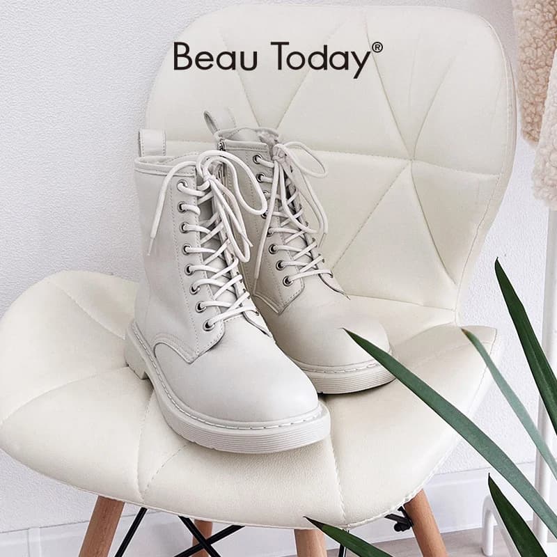 BeauToday stivaletti piattaforma donna pelle di mucca cerniera laterale Lace-up punta tonda inverno scarpe calde da donna Plus Size 04218