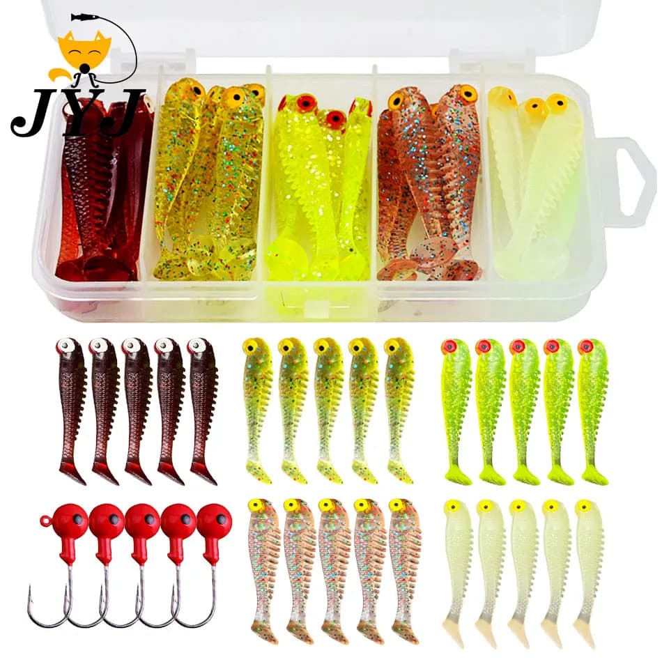 JYJ box package 7cm 5.5cm Soft Lure Kit Soft grub bait Fishing Lure Jig Head Hook Fishing hooks with fishing gear