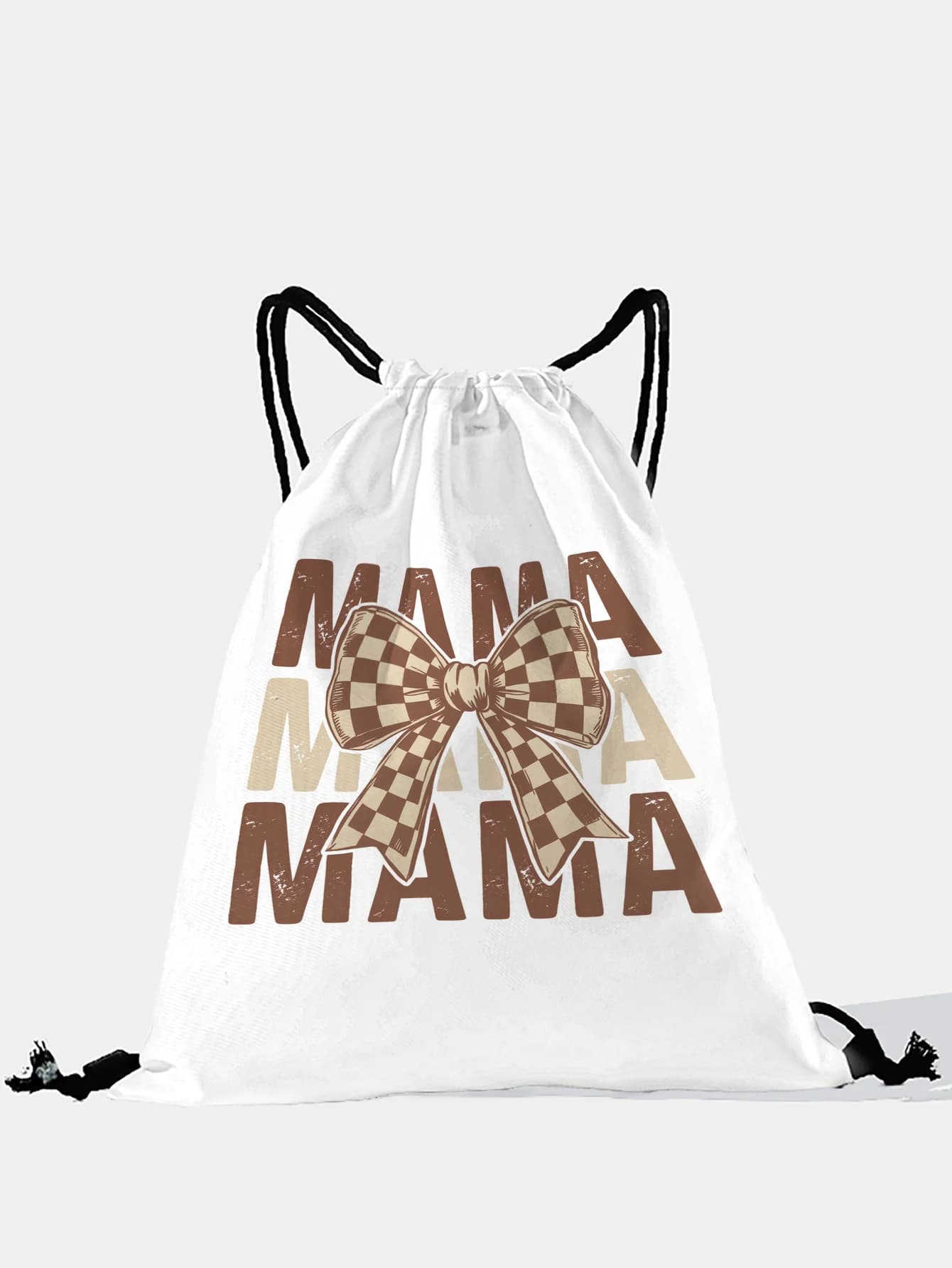 Zaino con coulisse a quadretti con stampa testo MAMA, borsa sportiva leggera per palestra, yoga, viaggi, scuola, shopping e uso quotidiano