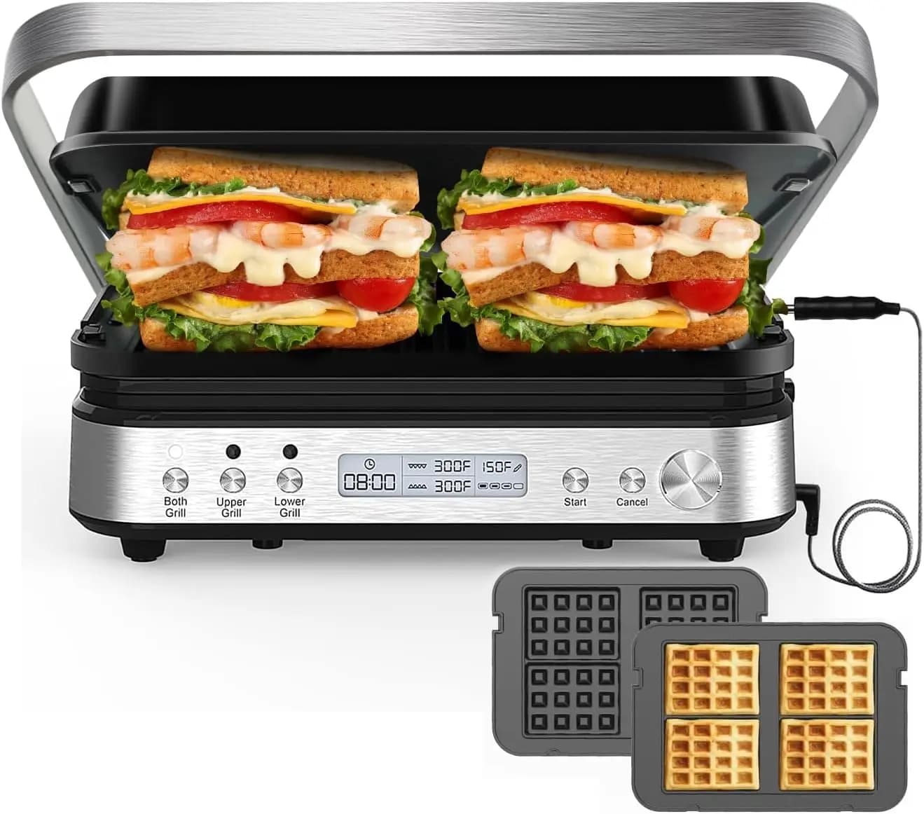 CATTLEMAN Piastra per Panini e Grill con Piastre Rimovibili 1600W, Grill Elettrico 6 in 1 per Interni con Termometro per Carne
