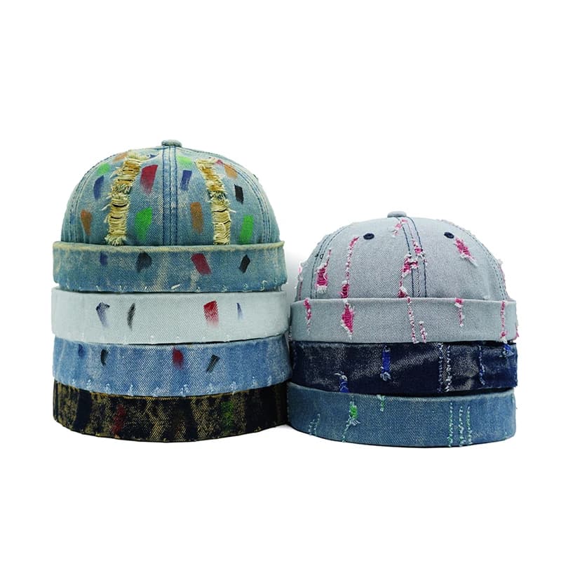 Cappello Docker in Denim Strappato Senza Visiera, Colorato, Regolabile, in Cotone e Poliestere, per Esterni, Street Style, Hip Hop