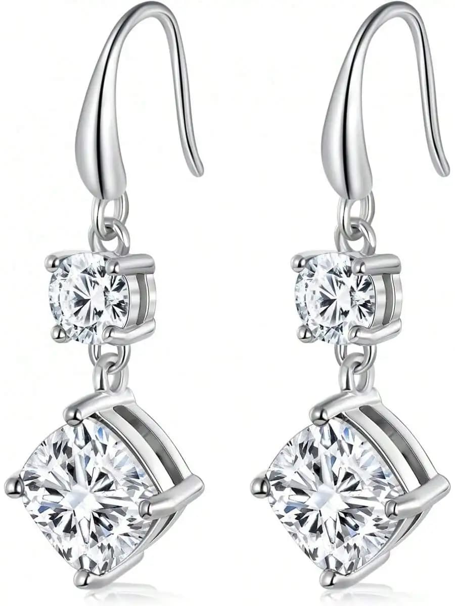 Womens Dangle Earrings With Round And Cushion CZ Stones Fishhook Design