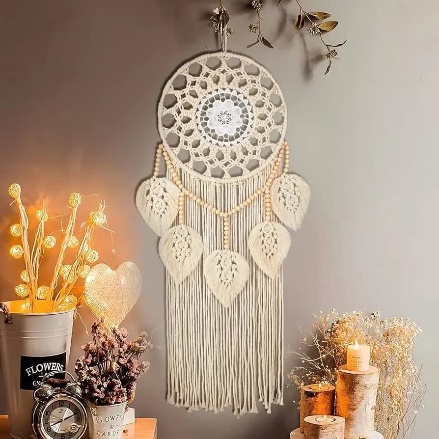 Leaf Macrame Handwoven Wood Bead Wall Hanging Tapestry Crafted Chic Bohemian Home Bedroom Decoration Aesthetic Gift
