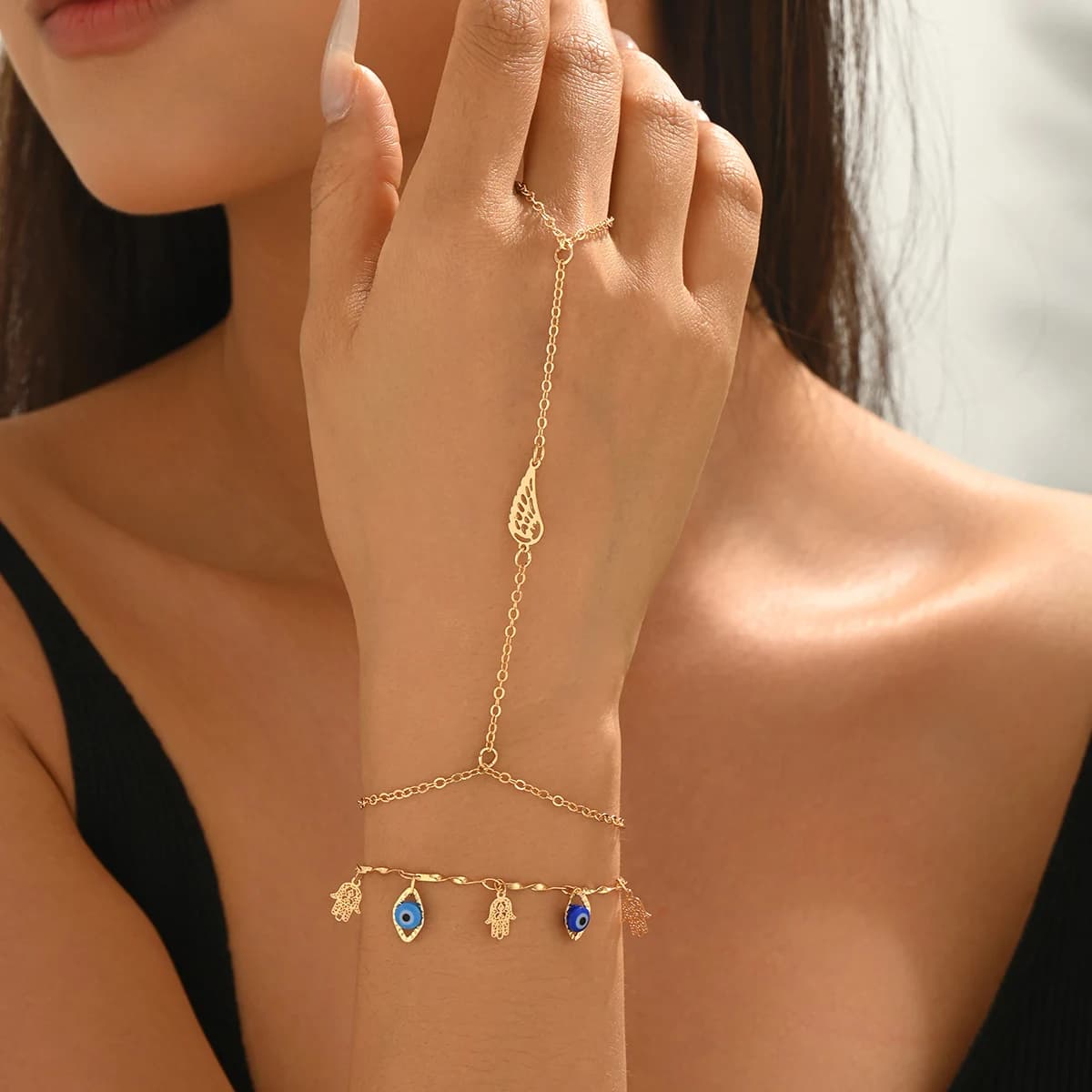 2PCS Evil Eye Hamsa Hand Finger Ring Hand Chain Set Gold Dainty Boho Adjustable Layered Bracelet Jewelry