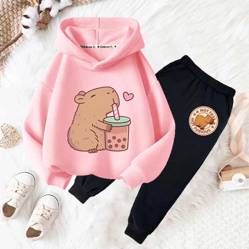 Capybara drink bubble tea fun print girls fashion set kids fall and winter casual comfortable warm hoodie + pants two-piece set