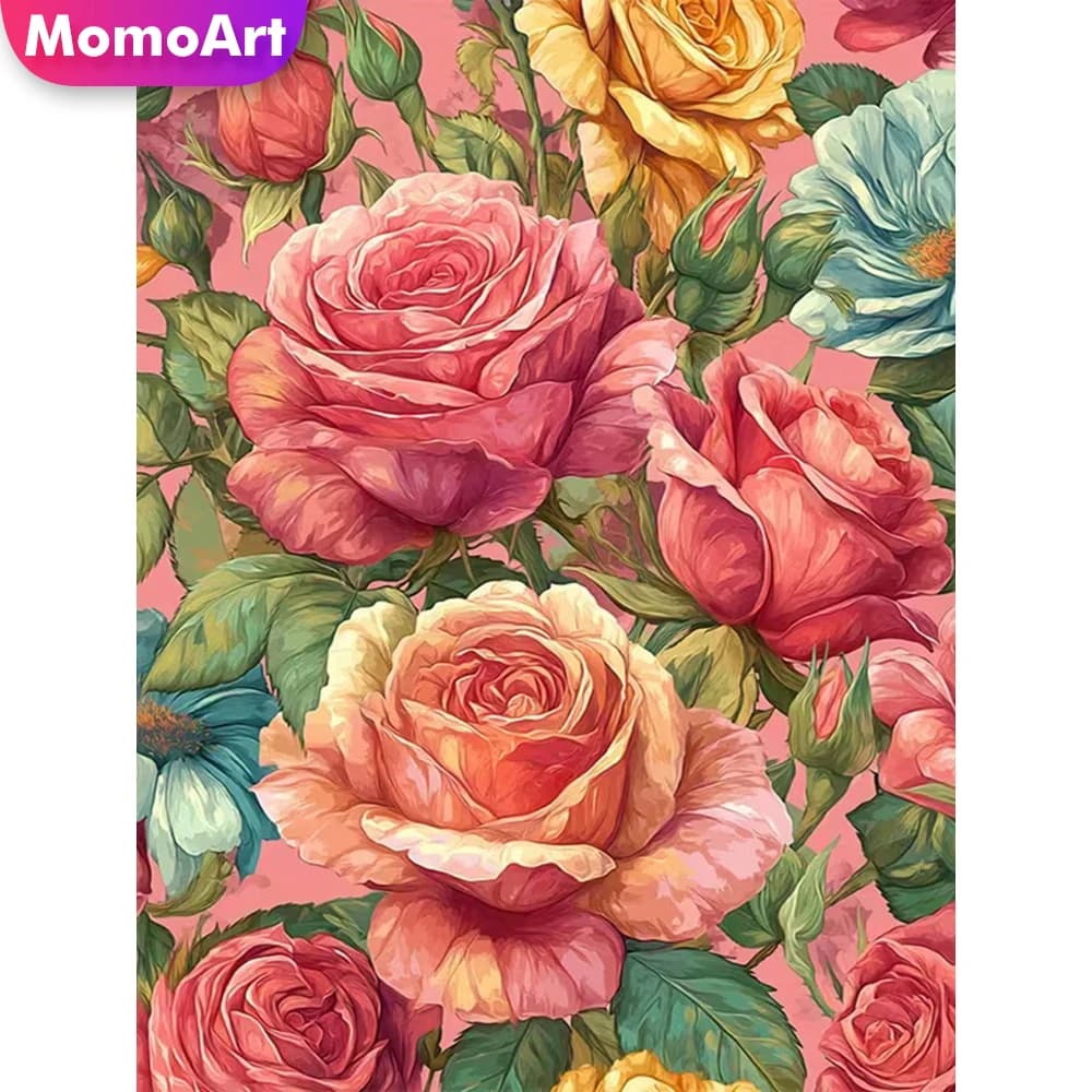 Momoart Kit Ricamo Diamantato Completo, Quadro Floreale con Rose, Strass, Mosaico, Punto Croce per Adulti e Principianti