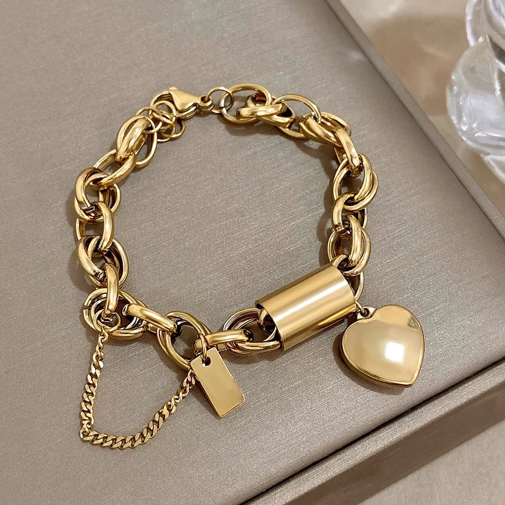 Bracciale con Ciondolo a Forma di Cuore in Acciaio Inossidabile, Catena Placcata Oro, Braccialetti d'Amore per Donne, Regalo di San Valentino